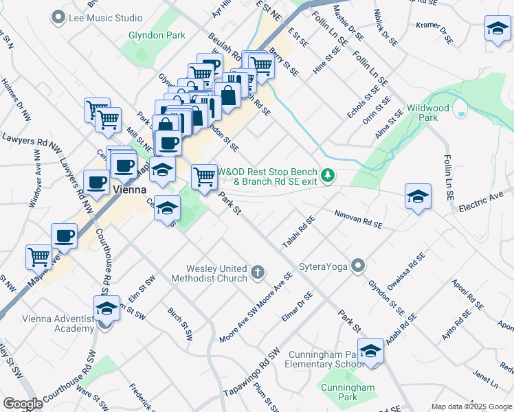 map of restaurants, bars, coffee shops, grocery stores, and more near 206 Battle Court Southeast in Vienna