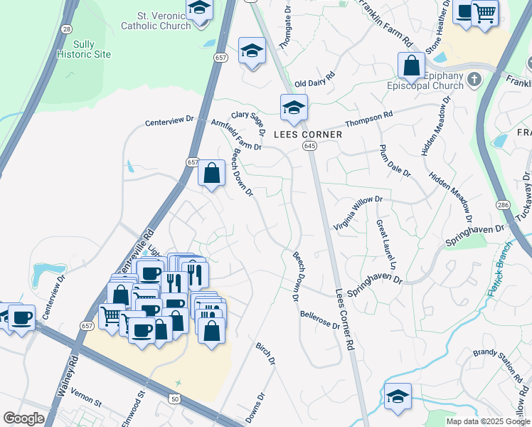 map of restaurants, bars, coffee shops, grocery stores, and more near 3635 Beech Down Drive in Chantilly