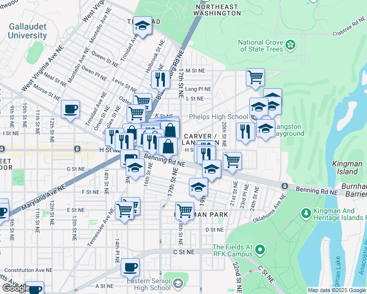 map of restaurants, bars, coffee shops, grocery stores, and more near 1700 H Street Northeast in Washington