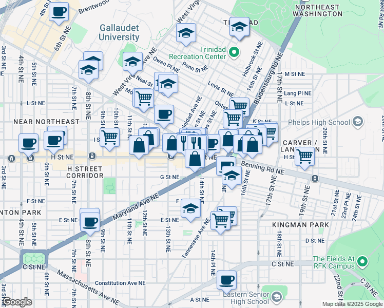 map of restaurants, bars, coffee shops, grocery stores, and more near 101 Independence Avenue Southeast in Washington