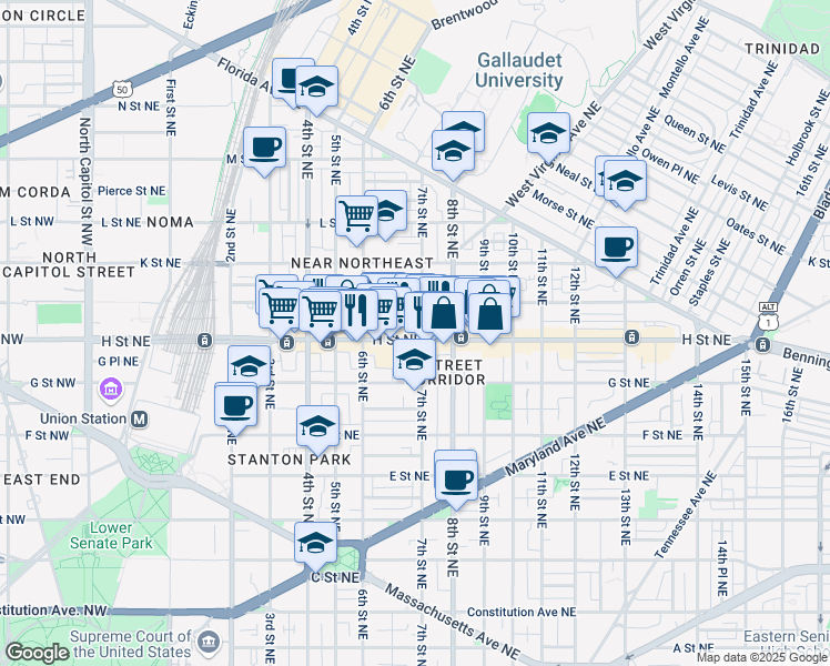 map of restaurants, bars, coffee shops, grocery stores, and more near 101 Independence Avenue Southeast in Washington