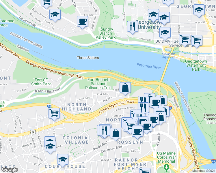 map of restaurants, bars, coffee shops, grocery stores, and more near 1713 22nd Court North in Arlington