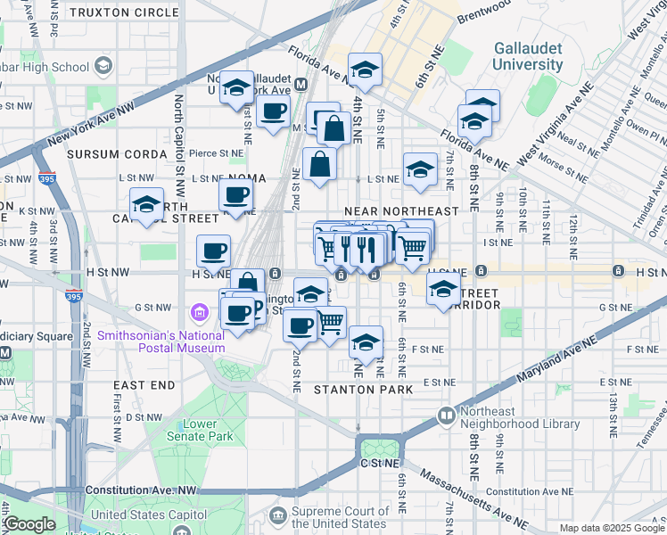 map of restaurants, bars, coffee shops, grocery stores, and more near 300 H Street Northeast in Washington