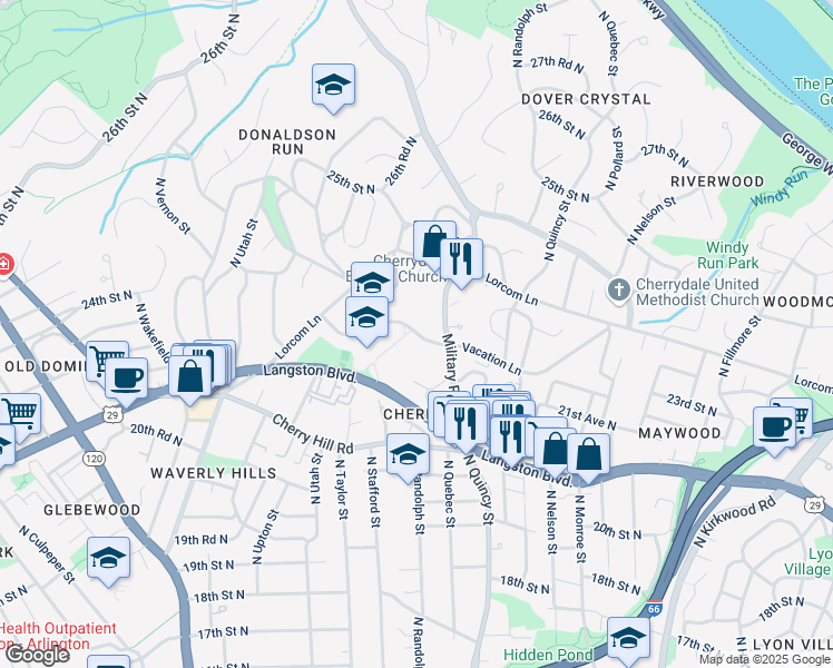 map of restaurants, bars, coffee shops, grocery stores, and more near 4102 North Vacation Lane in Arlington