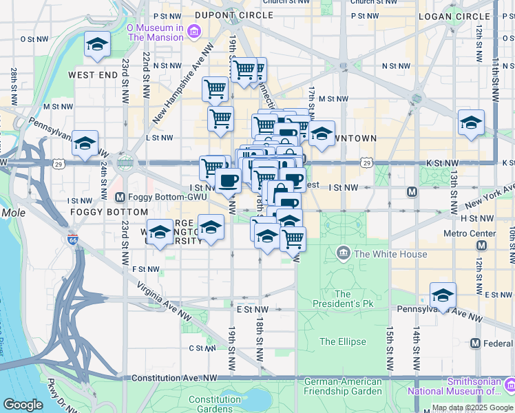 map of restaurants, bars, coffee shops, grocery stores, and more near 1801 Pennsylvania Avenue Northwest in Washington