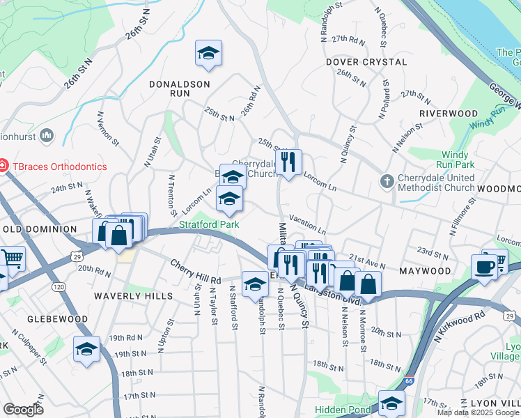 map of restaurants, bars, coffee shops, grocery stores, and more near 4102 North Vacation Lane in Arlington