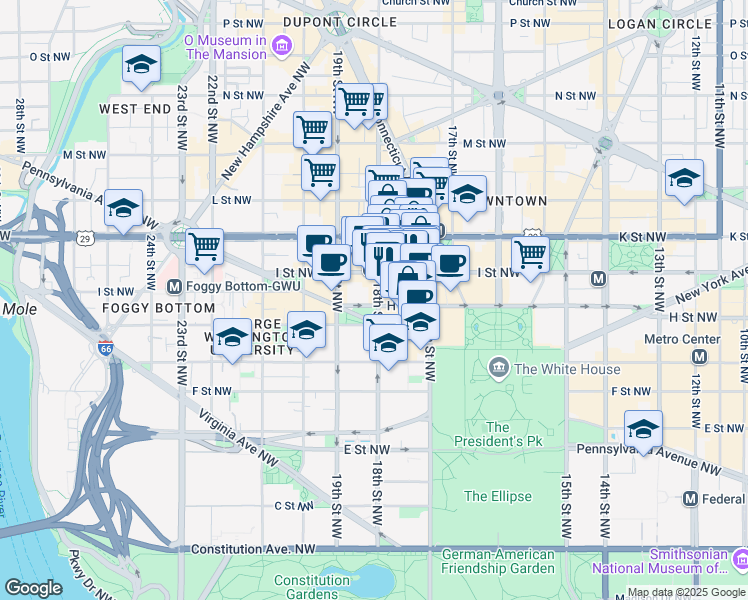 map of restaurants, bars, coffee shops, grocery stores, and more near 1801 Pennsylvania Avenue Northwest in Washington