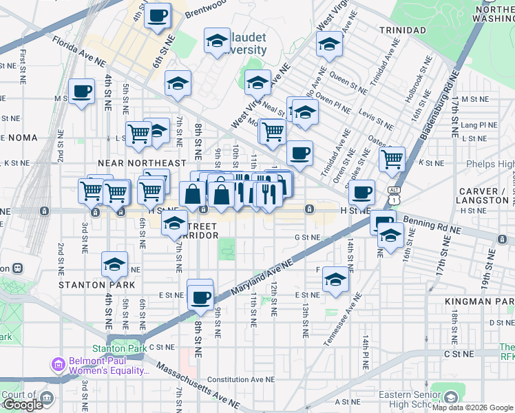 map of restaurants, bars, coffee shops, grocery stores, and more near 101 Independence Avenue Southeast in Washington
