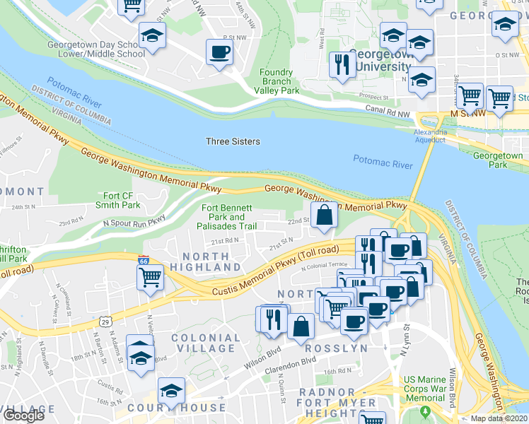 map of restaurants, bars, coffee shops, grocery stores, and more near 1735 22nd Court North in Arlington