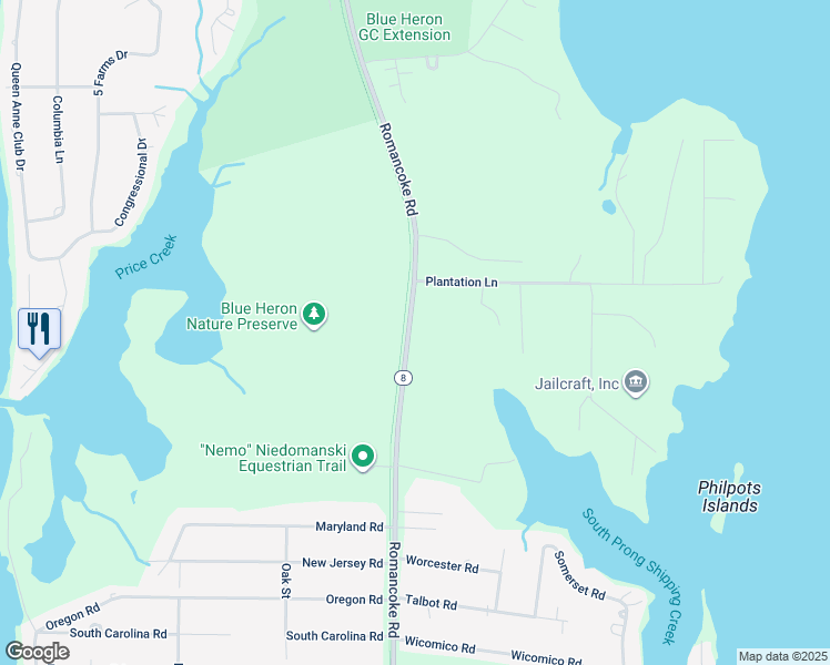 map of restaurants, bars, coffee shops, grocery stores, and more near 3221 Romancoke Road in Stevensville