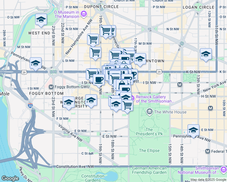 map of restaurants, bars, coffee shops, grocery stores, and more near 1634 I Street Northwest in Washington