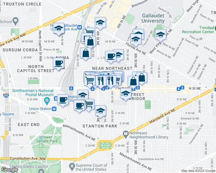 map of restaurants, bars, coffee shops, grocery stores, and more near 101 Independence Avenue Southeast in Washington