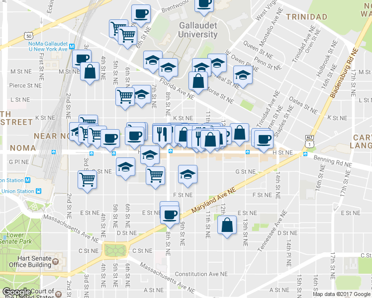 map of restaurants, bars, coffee shops, grocery stores, and more near 101 Independence Avenue Southeast in Washington