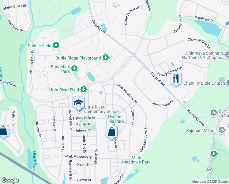 map of restaurants, bars, coffee shops, grocery stores, and more near 25872 Flintonbridge Drive in Chantilly