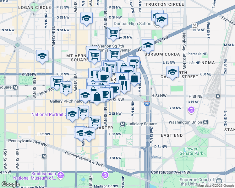 map of restaurants, bars, coffee shops, grocery stores, and more near 450 Massachusetts Avenue Northwest in Washington