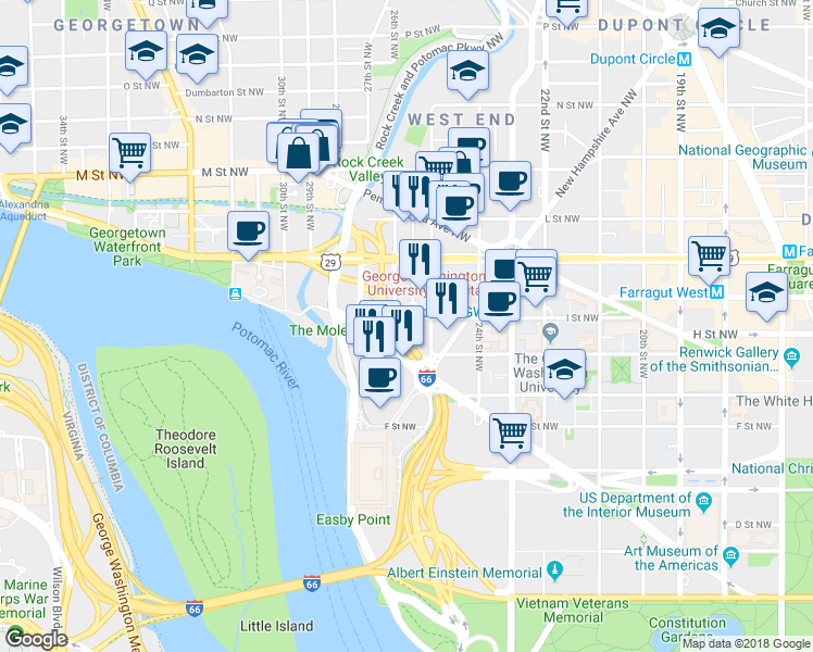 map of restaurants, bars, coffee shops, grocery stores, and more near 2528 I Street Northwest in Washington