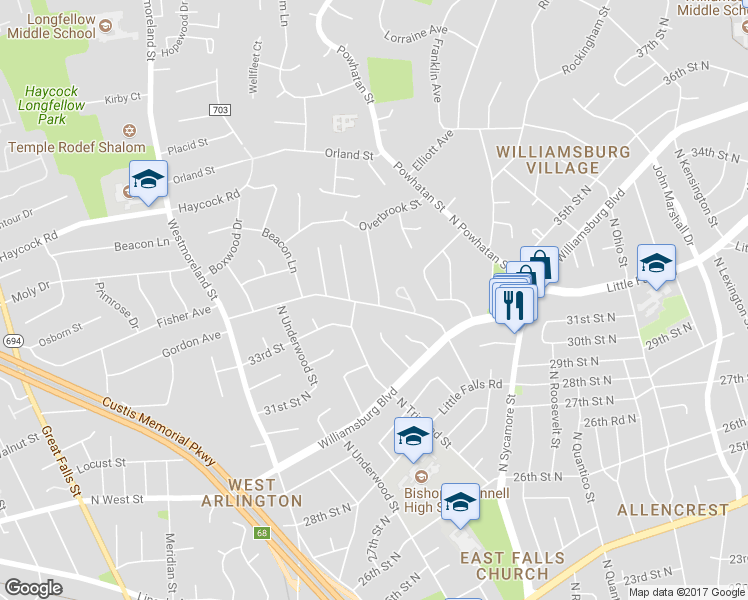 map of restaurants, bars, coffee shops, grocery stores, and more near 851 North Glebe Road in Arlington