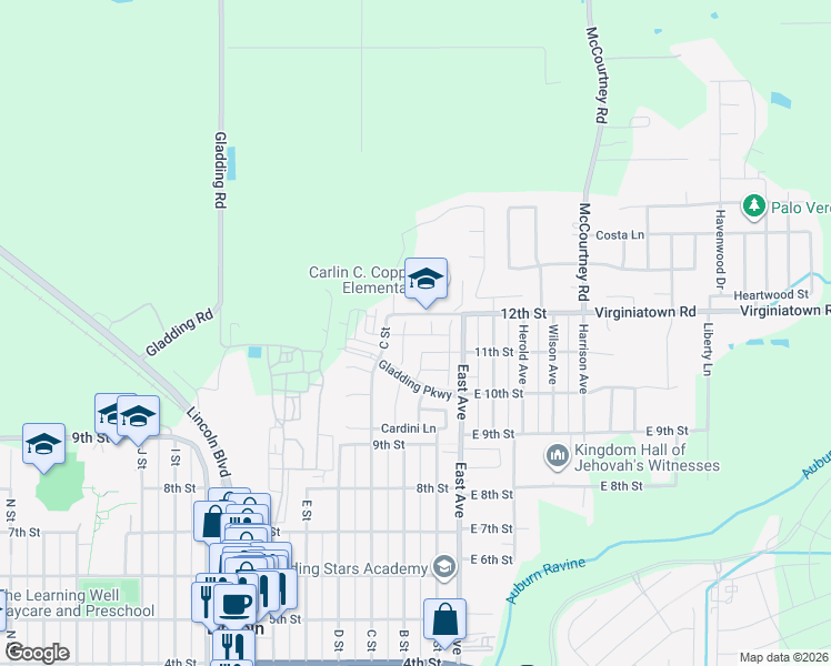map of restaurants, bars, coffee shops, grocery stores, and more near 12th St in Lincoln