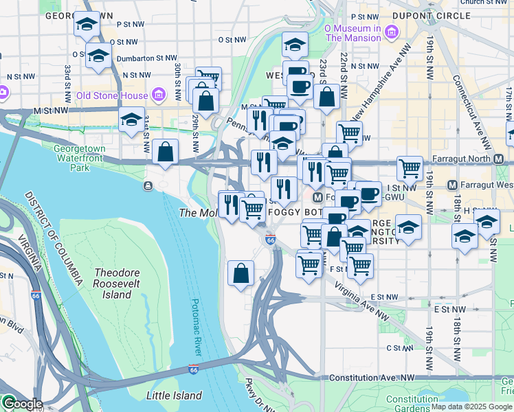 map of restaurants, bars, coffee shops, grocery stores, and more near 2526 I Street Northwest in Washington