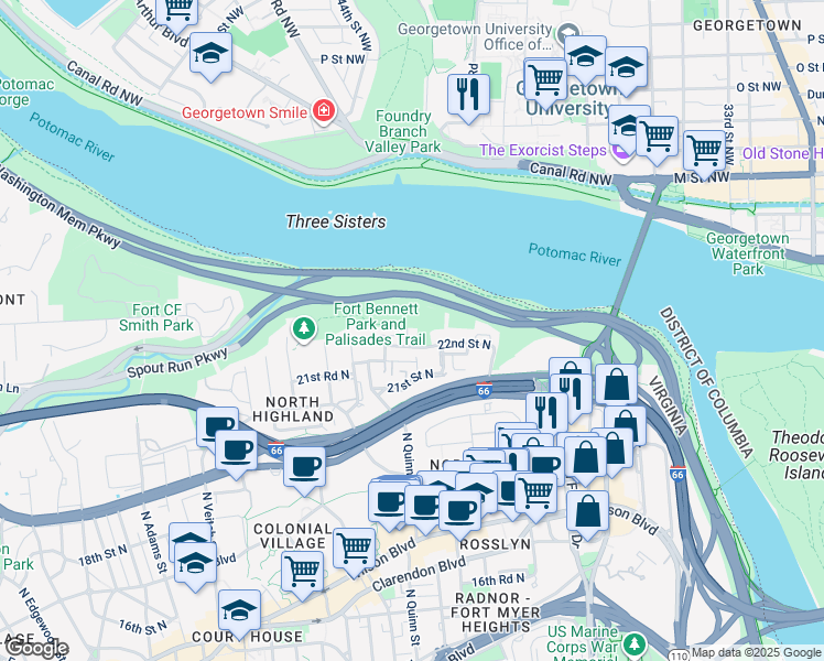 map of restaurants, bars, coffee shops, grocery stores, and more near 1713 22nd Court North in Arlington