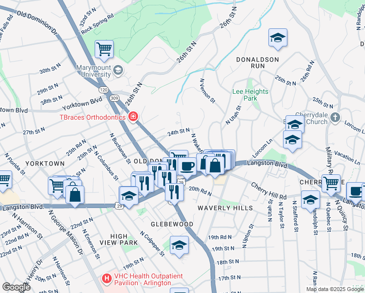 map of restaurants, bars, coffee shops, grocery stores, and more near 4624 23rd Road North in Arlington