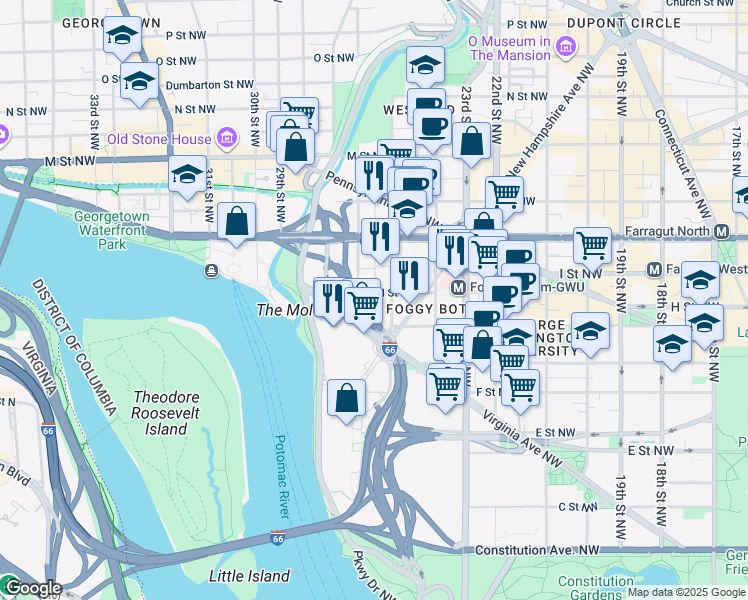 map of restaurants, bars, coffee shops, grocery stores, and more near 2520 I Street Northwest in Washington