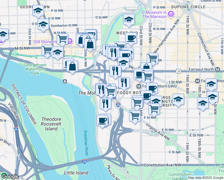 map of restaurants, bars, coffee shops, grocery stores, and more near 2528 I Street Northwest in Washington