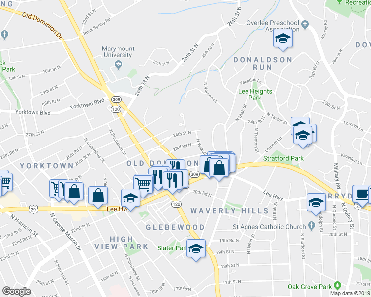 map of restaurants, bars, coffee shops, grocery stores, and more near 4624 23rd Road North in Arlington
