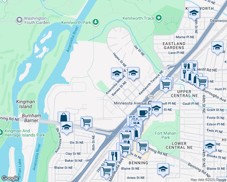 map of restaurants, bars, coffee shops, grocery stores, and more near 657 Anacostia Avenue Northeast in Washington