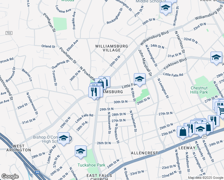 map of restaurants, bars, coffee shops, grocery stores, and more near 6052 Little Falls Rd in Arlington
