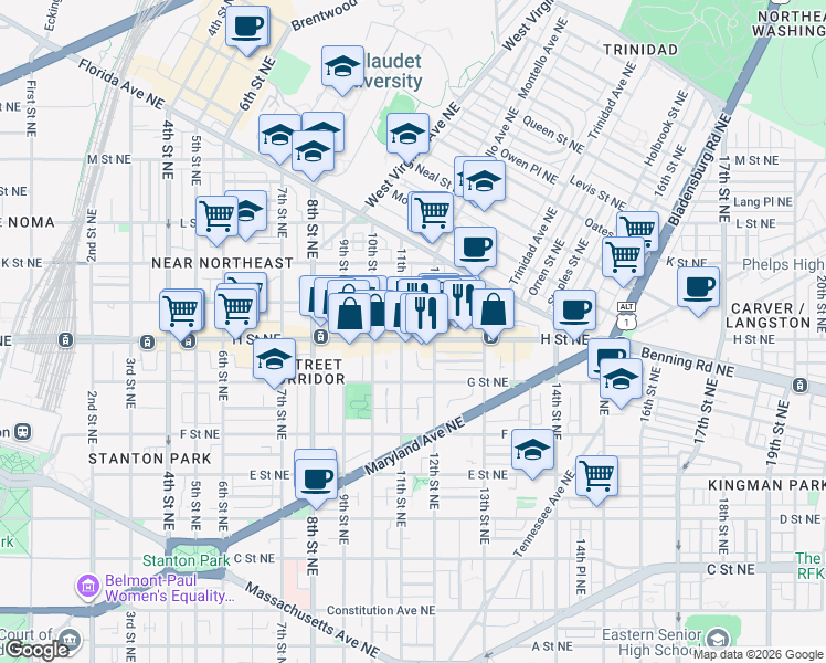 map of restaurants, bars, coffee shops, grocery stores, and more near 101 Independence Avenue Southeast in Washington