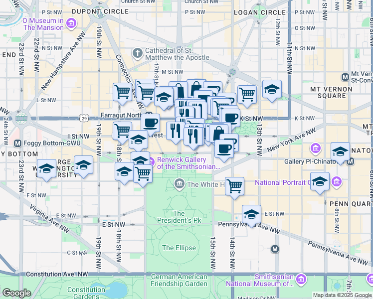 map of restaurants, bars, coffee shops, grocery stores, and more near 1525 H Street Northwest in Washington