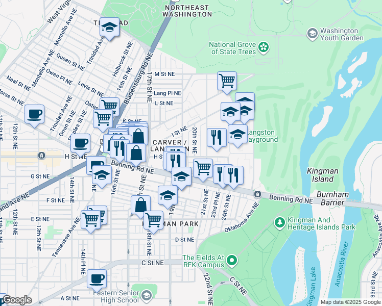 map of restaurants, bars, coffee shops, grocery stores, and more near 804 20th Street Northeast in Washington