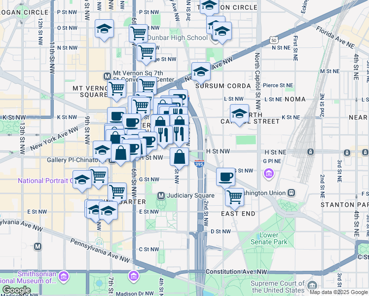 map of restaurants, bars, coffee shops, grocery stores, and more near 301 Massachusetts Avenue Northwest in Washington