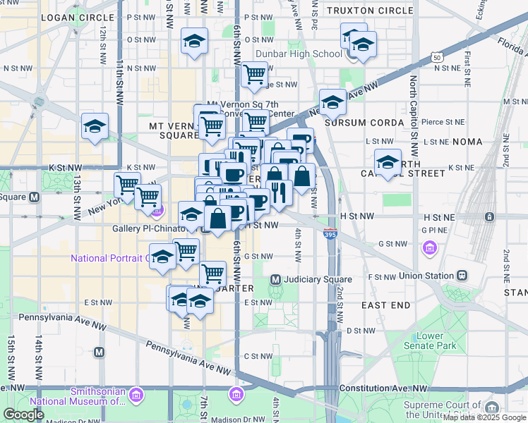 map of restaurants, bars, coffee shops, grocery stores, and more near 101 Independence Avenue Southeast in Washington