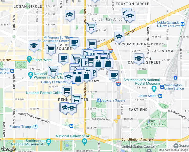 map of restaurants, bars, coffee shops, grocery stores, and more near 450 Massachusetts Avenue Northwest in Washington