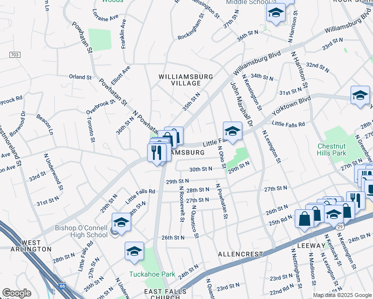 map of restaurants, bars, coffee shops, grocery stores, and more near 6052 Little Falls Rd in Arlington