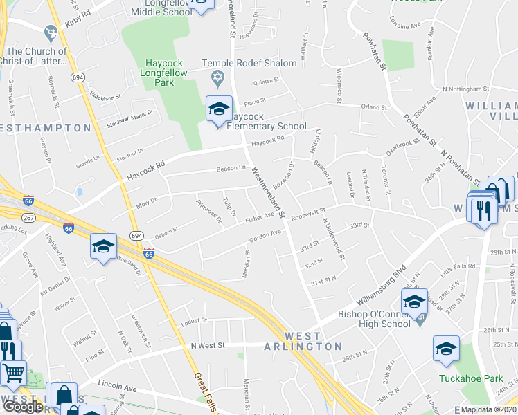 map of restaurants, bars, coffee shops, grocery stores, and more near 2221 Orchid Drive in Falls Church