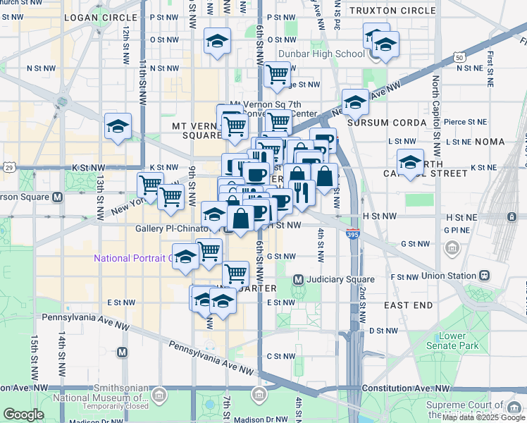 map of restaurants, bars, coffee shops, grocery stores, and more near 819 6th Street Northwest in Washington