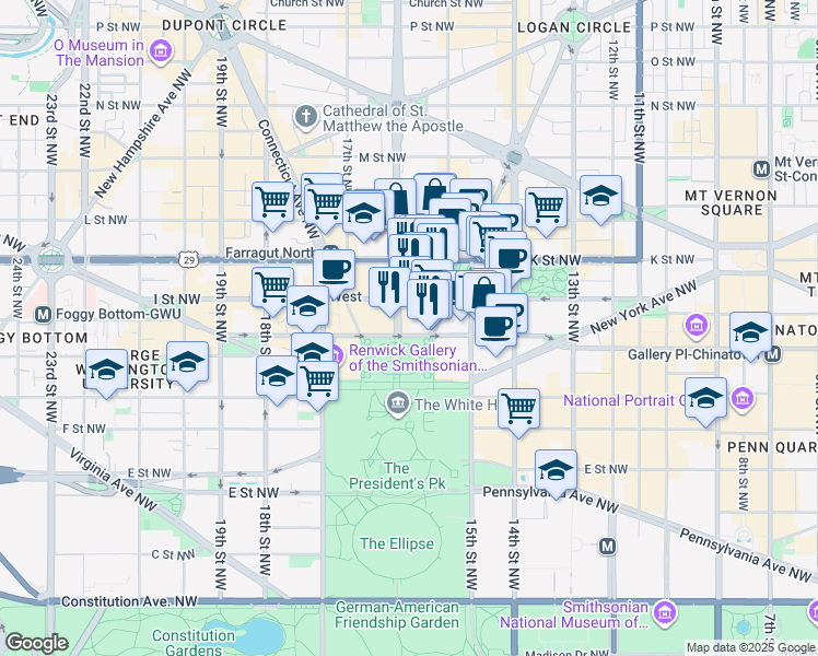 map of restaurants, bars, coffee shops, grocery stores, and more near 1525 H Street Northwest in Washington