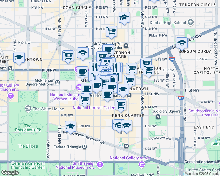 map of restaurants, bars, coffee shops, grocery stores, and more near 920 I Street Northwest in Washington