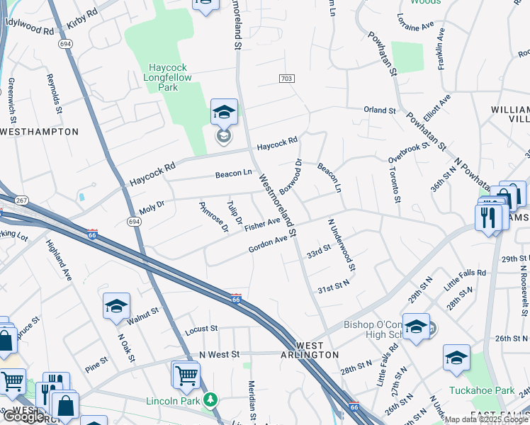 map of restaurants, bars, coffee shops, grocery stores, and more near 2221 Orchid Drive in Falls Church