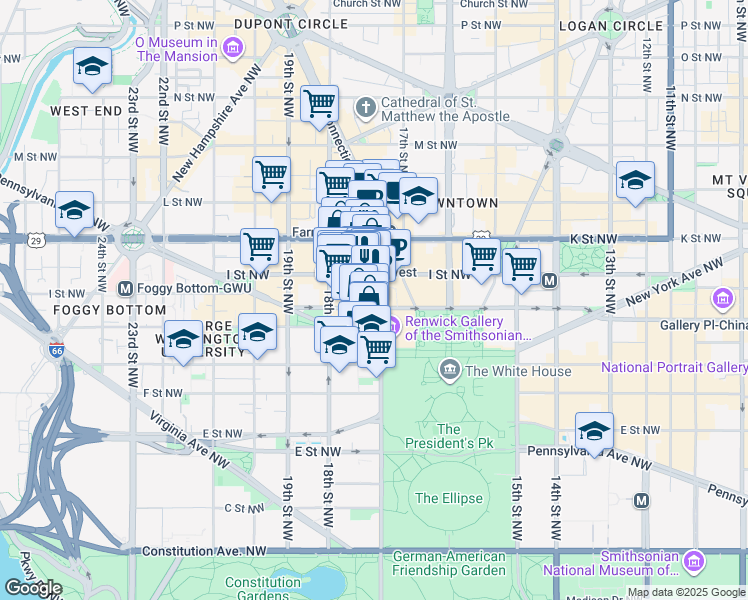 map of restaurants, bars, coffee shops, grocery stores, and more near 800 17th Street Northwest in Washington