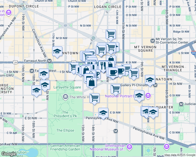 map of restaurants, bars, coffee shops, grocery stores, and more near 1333 H Street Northwest in Washington