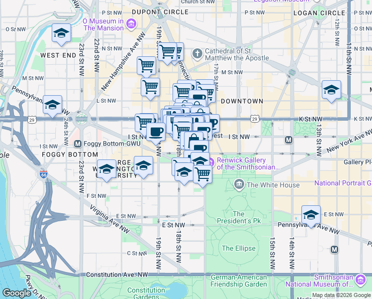map of restaurants, bars, coffee shops, grocery stores, and more near 1729 H Street Northwest in Washington