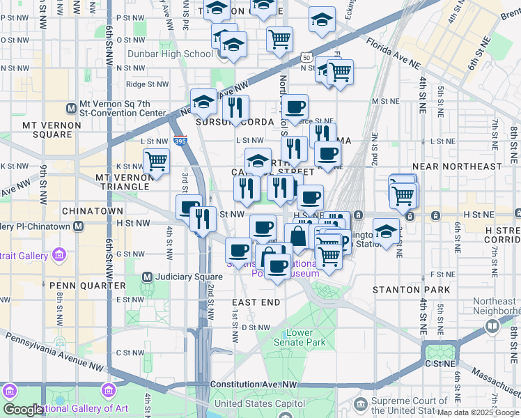 map of restaurants, bars, coffee shops, grocery stores, and more near 101 Independence Avenue Southeast in Washington
