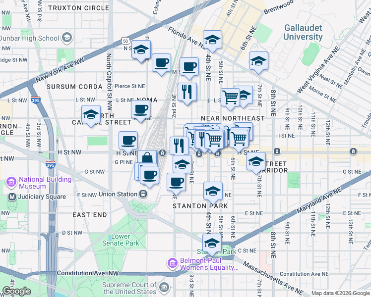 map of restaurants, bars, coffee shops, grocery stores, and more near 101 Independence Avenue Southeast in Washington