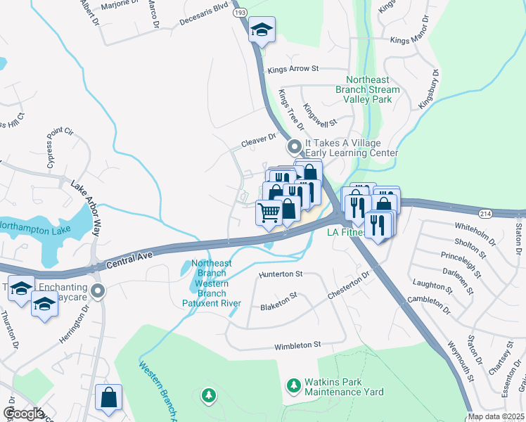 map of restaurants, bars, coffee shops, grocery stores, and more near 813 Saint Michaels Drive in Bowie