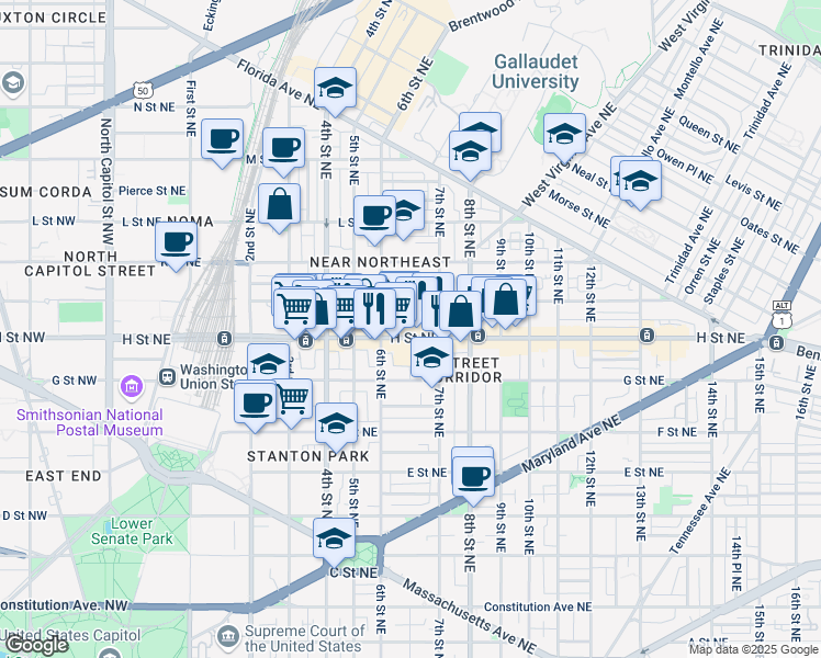 map of restaurants, bars, coffee shops, grocery stores, and more near 101 Independence Avenue Southeast in Washington