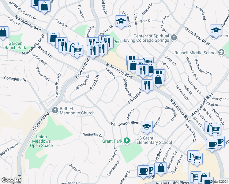 map of restaurants, bars, coffee shops, grocery stores, and more near 4526 Ranch Circle in Colorado Springs